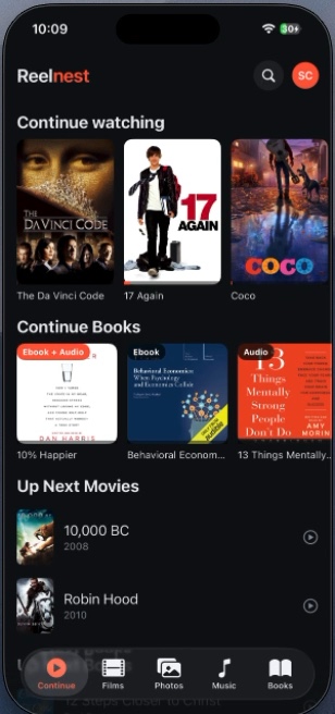 A real reelnest phone screen showing three movies across